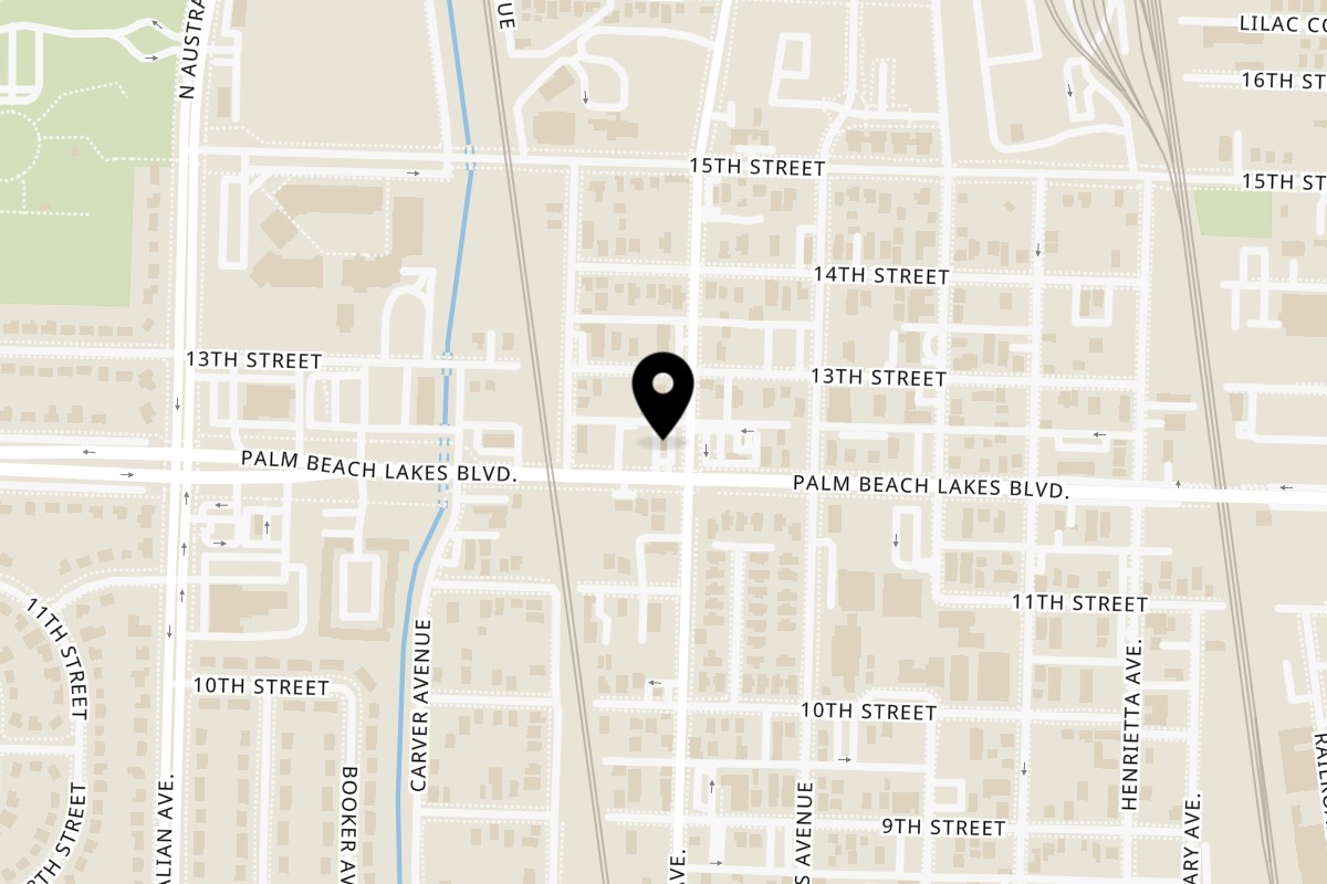 Map showing the location of Hook Fish & Chicken on 1001 Palm Beach Lakes Blvd in West Palm Beach